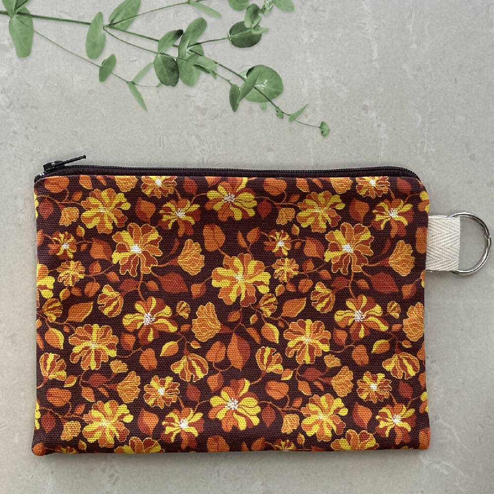 Zipper Purse - Brown-orange-70s-floral-pattern with secret message inside #18
