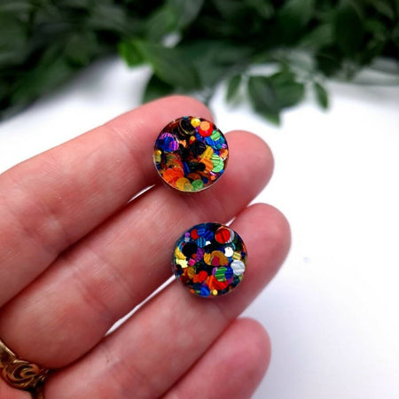 STUD Earrings - Rollie Round - Rainbow Pop Glitter - Resin