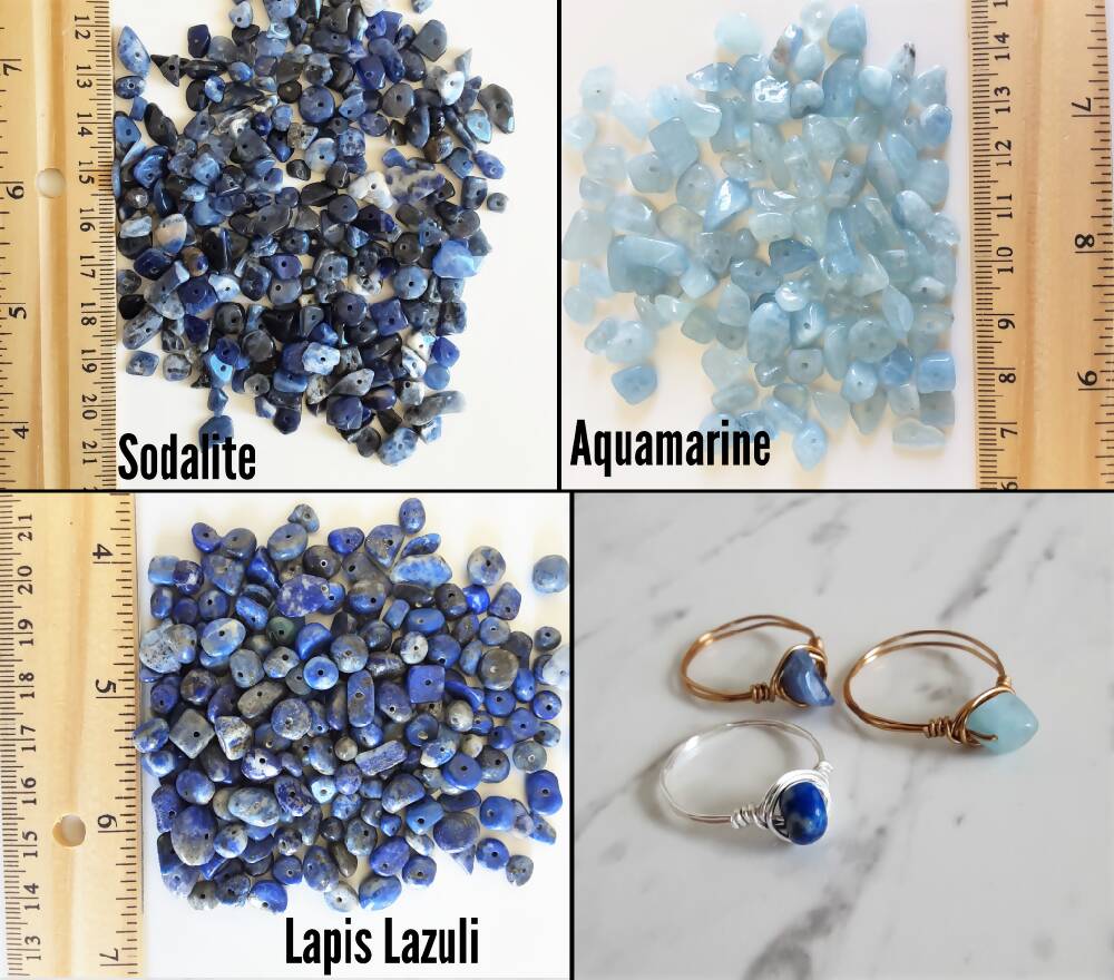 Single Natural gemstone wire wrap ring , Lapis Lazuli Aquamarine Sodalite