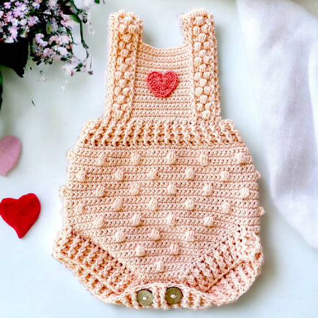 Crochet Cotton Bobble Baby Romper, Size 0-6 months. Soft Peach
