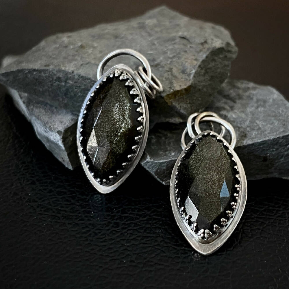 Pendant Sterling Silver Obsidian Marquis Gothic Combo S