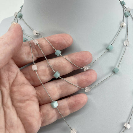 Amazonite and rose quartz long necklace