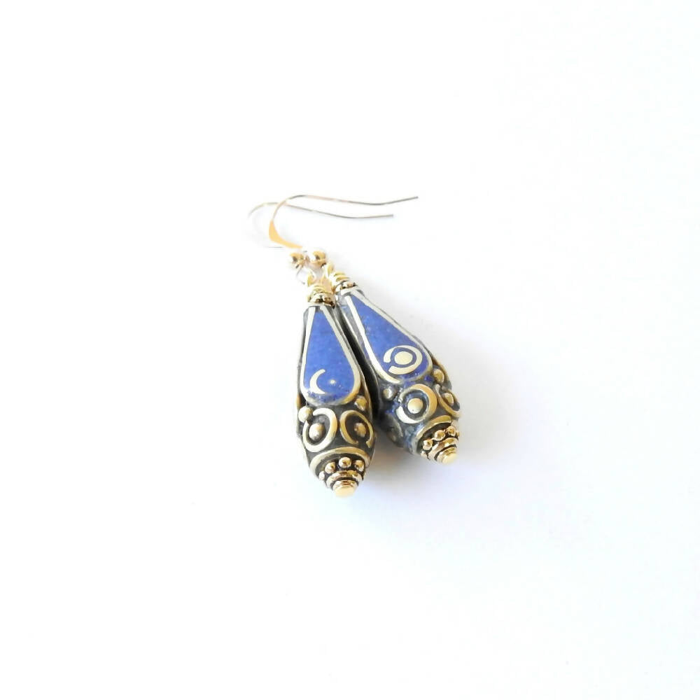 Exotic Boho Lapis Lazuli and Gold Nepal Earrings