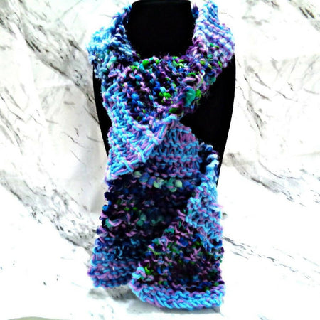 Wool and Fabric Scarf - Blue - Purple - Knitted - Ladies Accessories