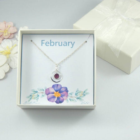 February Birth Flower and Birthstone Necklace on Gift Card