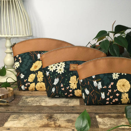 Makeup Purse/Toiletry Bag - Yellow Floral on Black/Tan Faux Leather
