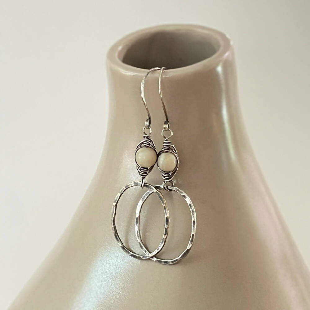 Sterling Silver Herringbone Weave Hoop Mother of Pearl EarringsL