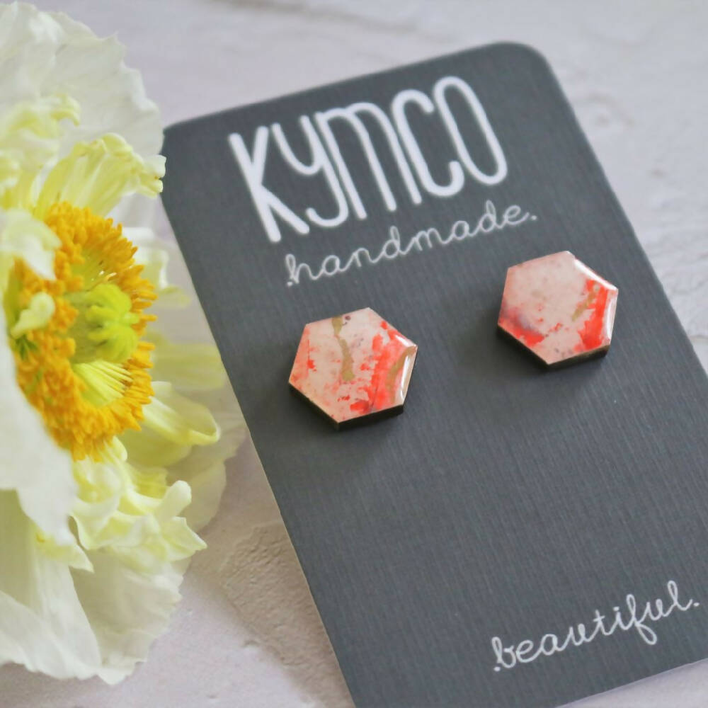 Sunset Sands Collection | Hexagon Resin Studs Earrings| Red Gold Shimmer