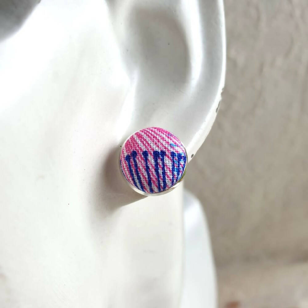 1.4cm Round Cabochon line patterns colourful fabric stud earrings No.4