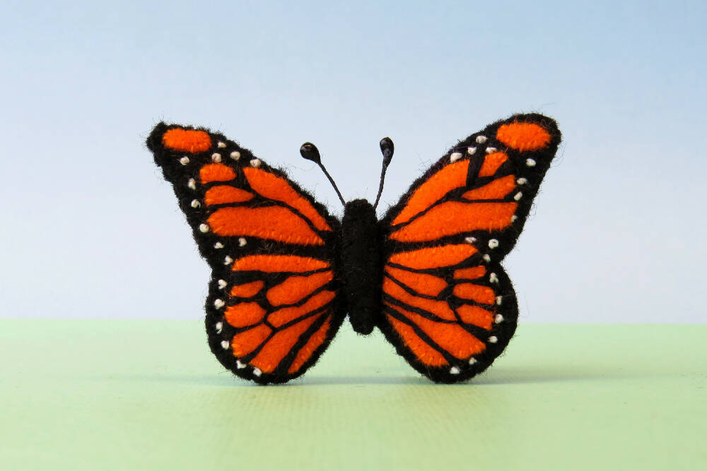 Butterfly Brooch - Wool Felt Embroidered Orange Monarch Pin