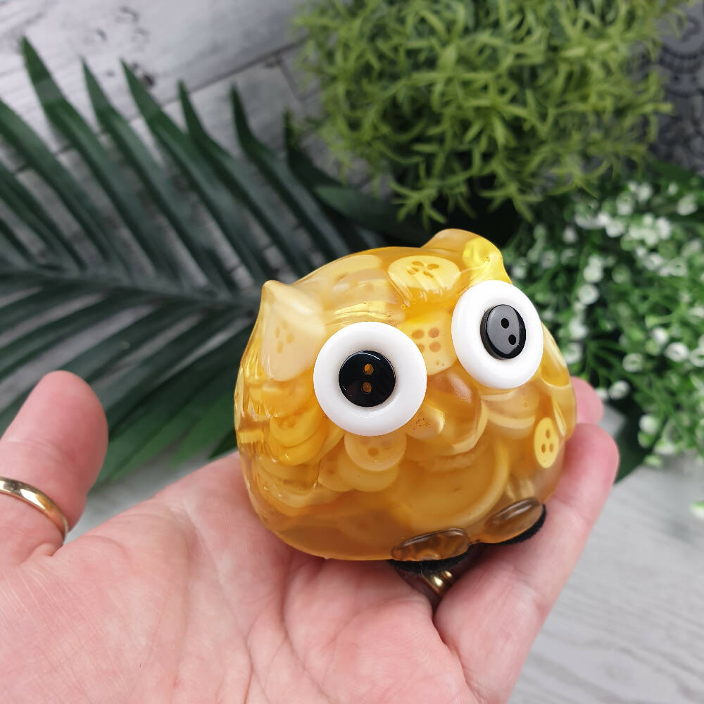 Button Owl - YELLOW Buttons & Resin - Paperweight - Solid Button Filled Ornament