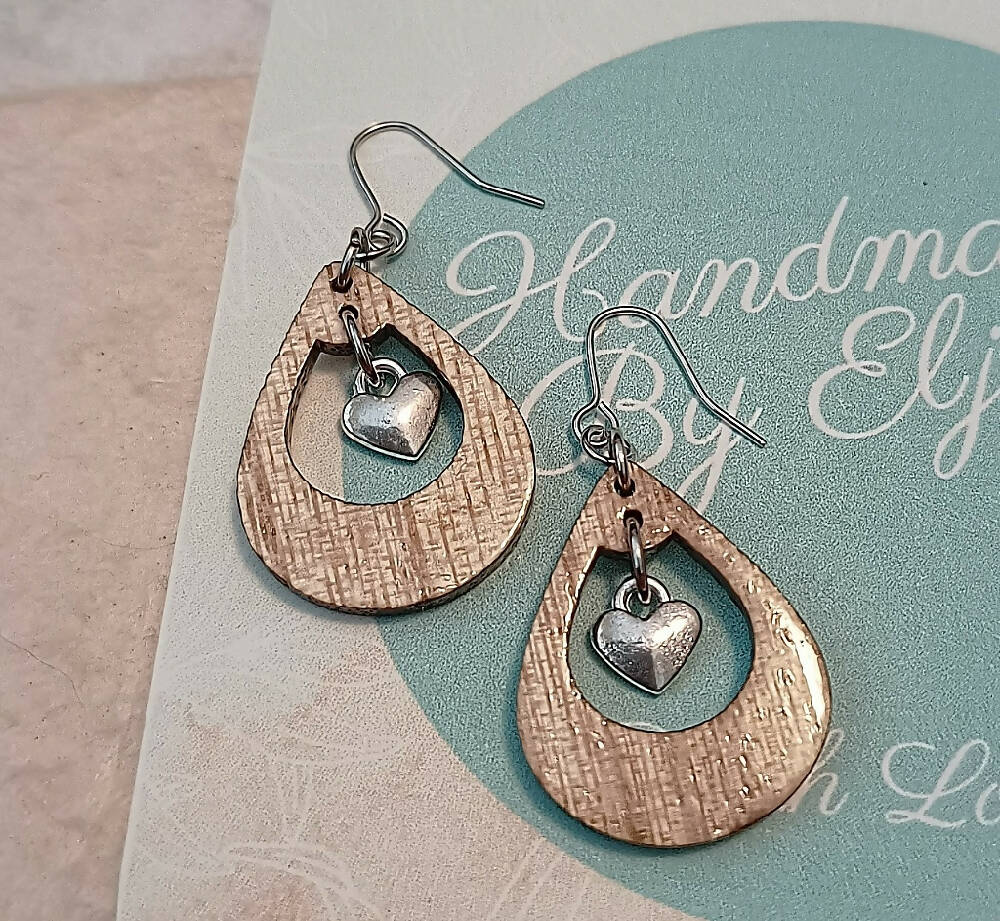 Wood & Heart Charm Teardrop Earrings