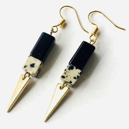 Dalmatian Jasper stone black and gold drop dangly earrings
