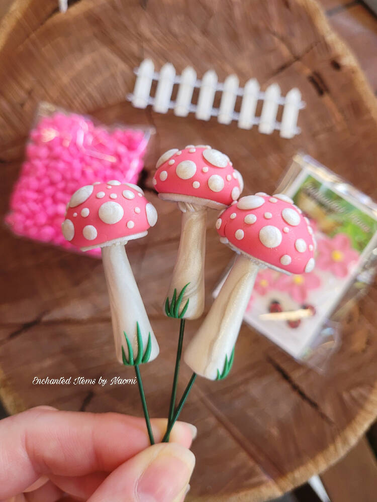 Pretty in Pink Fairy garden Mushrooms set with Ladybirds