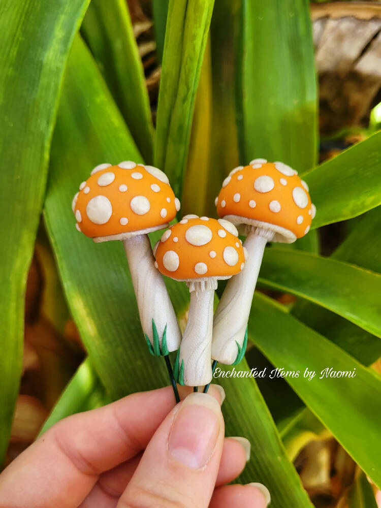 Orange Fairy garden Mushrooms set with caterpillars pets