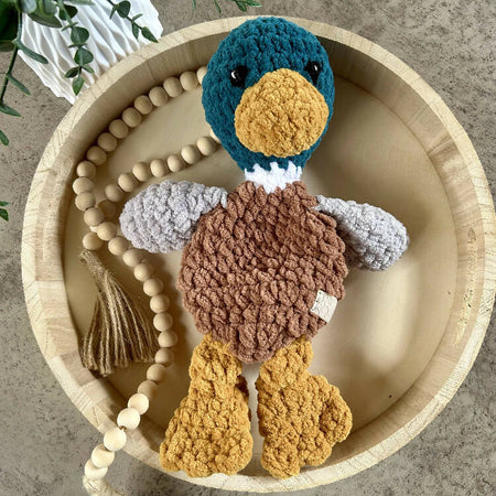 Darcy Duck Snuggle Buddy- plush crochet toy, lovey, comforter.