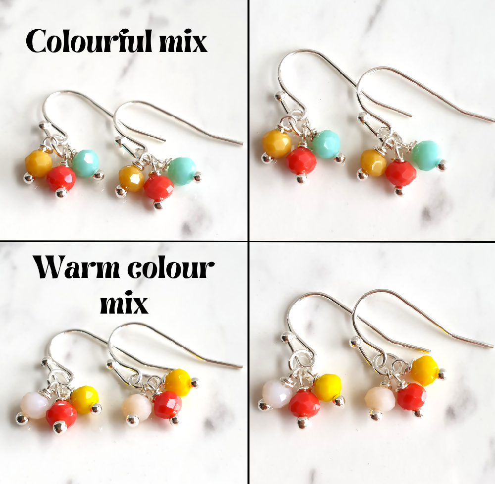 Small 3 mixed colour Cut glass bead drop earrings / Boho Beach style
