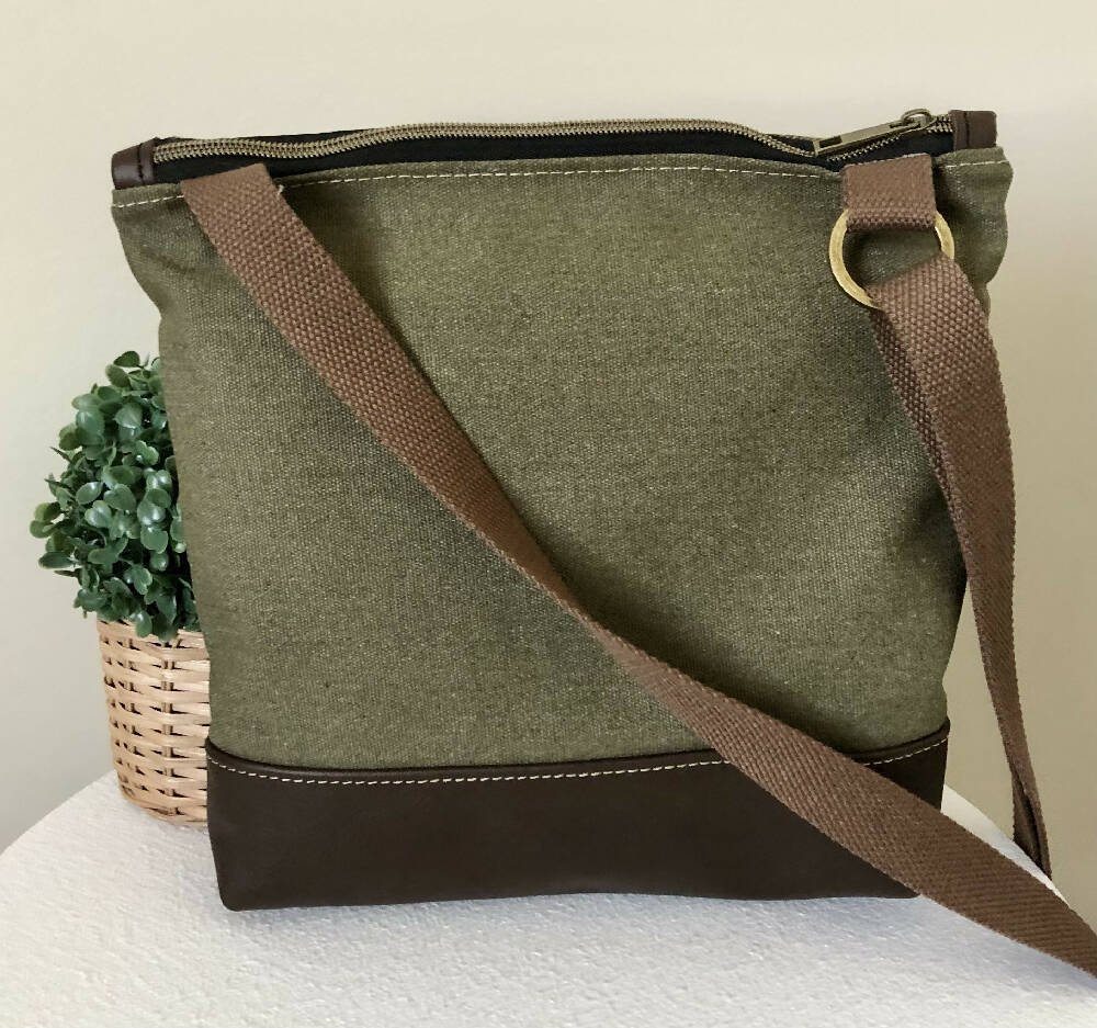 Green Canvas and Genuine Leather Crossbody Bag with Salmon Flower