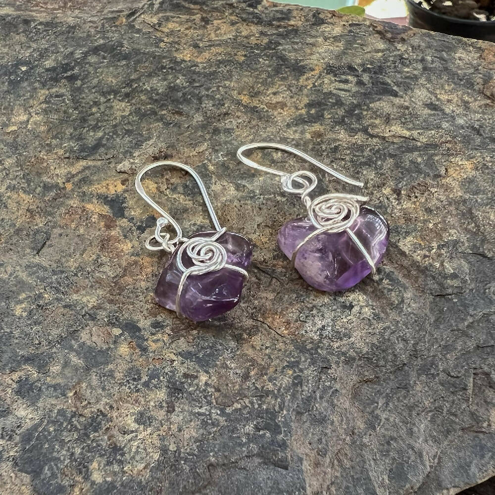 Silver wrapped amethyst dangle earrings