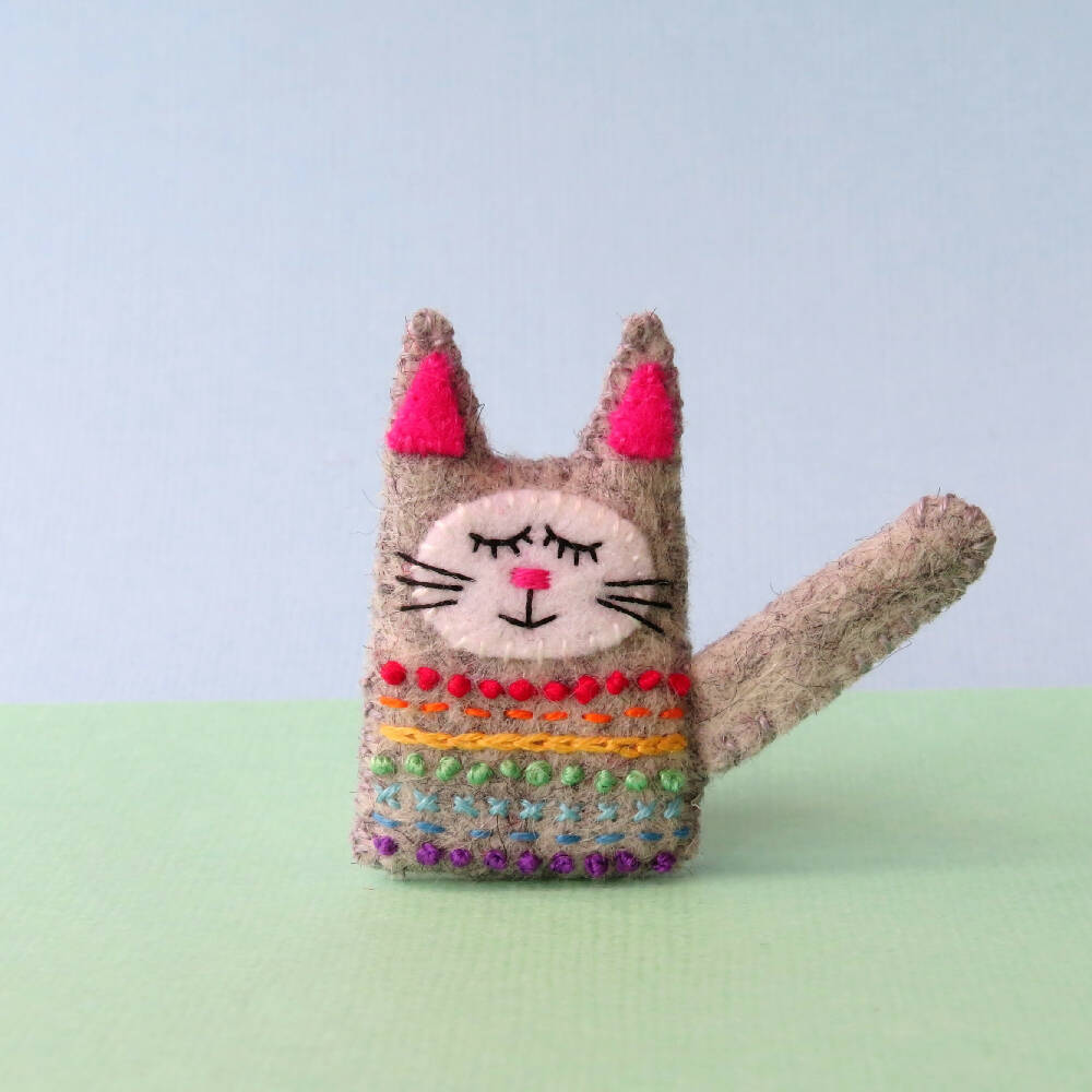 Cat Brooch - Wool Felt Embroidered Kitten Pin