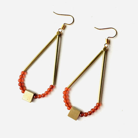 Black, white, amber yellow, red beaded dangly drop earrings