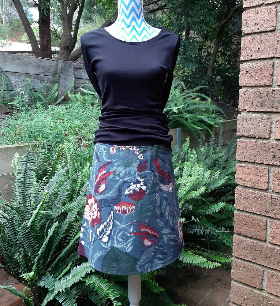 Blue and burgundy skirt with birds and butterflies