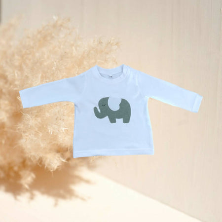 Baby White Long Sleeve with Sage Elephant Applique Design