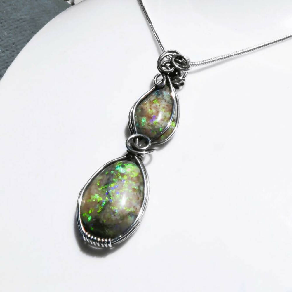 Two Andamooka opals pendant antiqued Sterling silver wire