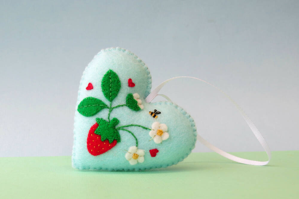 Heart Ornament - Embroidered Wool Felt - Strawberry Decoration
