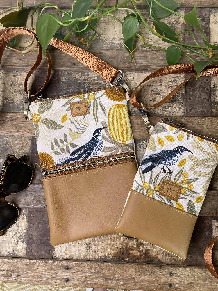 Mini & Small Crossbody Bag - Wattle Bird & Banksia/Tan Faux Leather