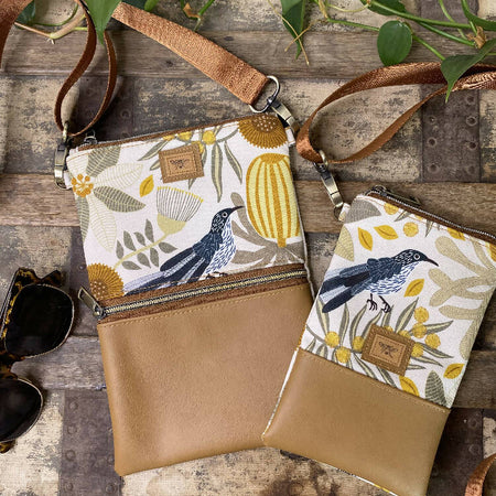 Mini & Small Crossbody Bag - Wattle Bird & Banksia/Tan Faux Leather
