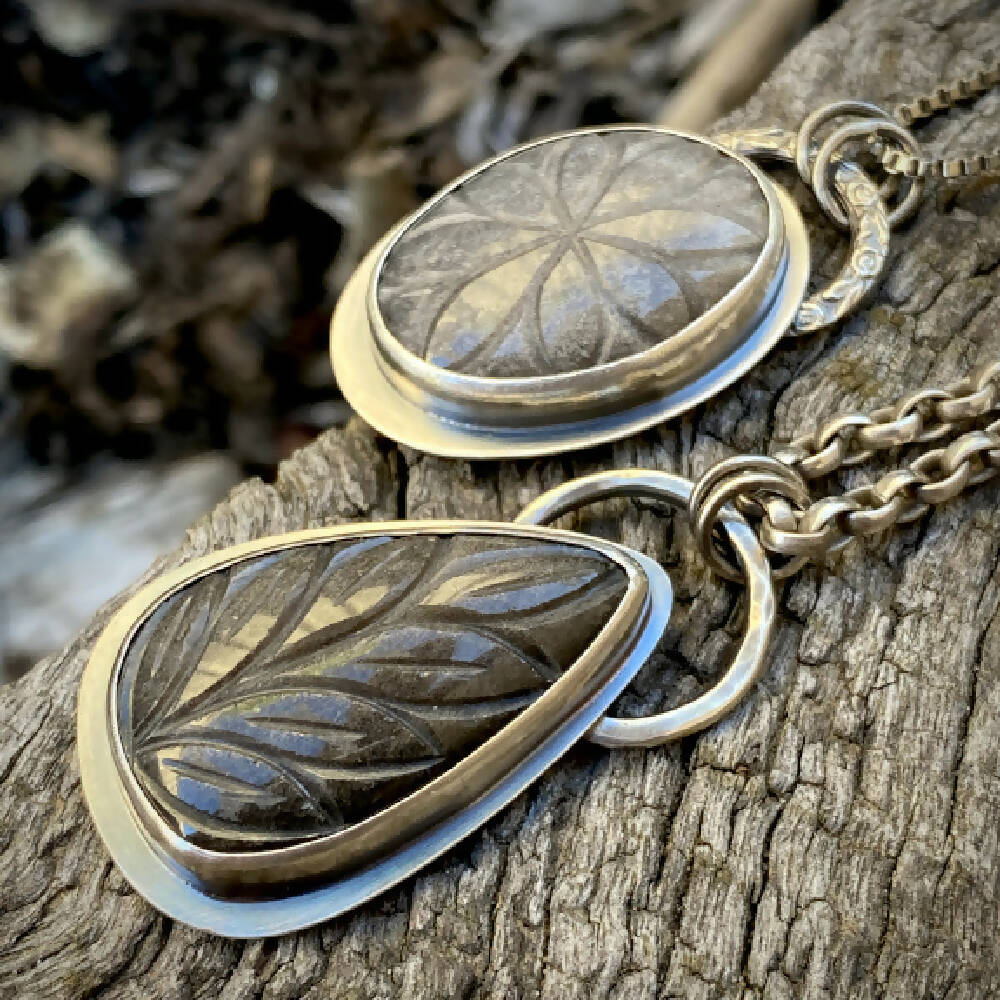 Obsidian and Sterling Silver Pendant - Carved Combo