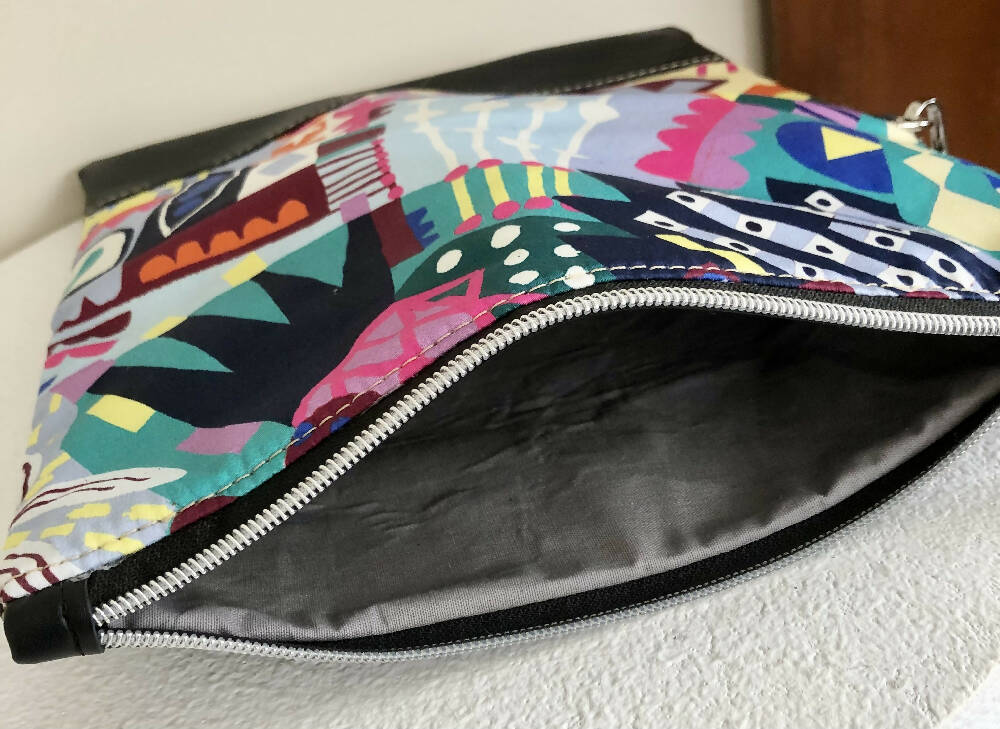 Fold Over Clutch Bag in Lively Print Fabric, Grey Canvas and Leather