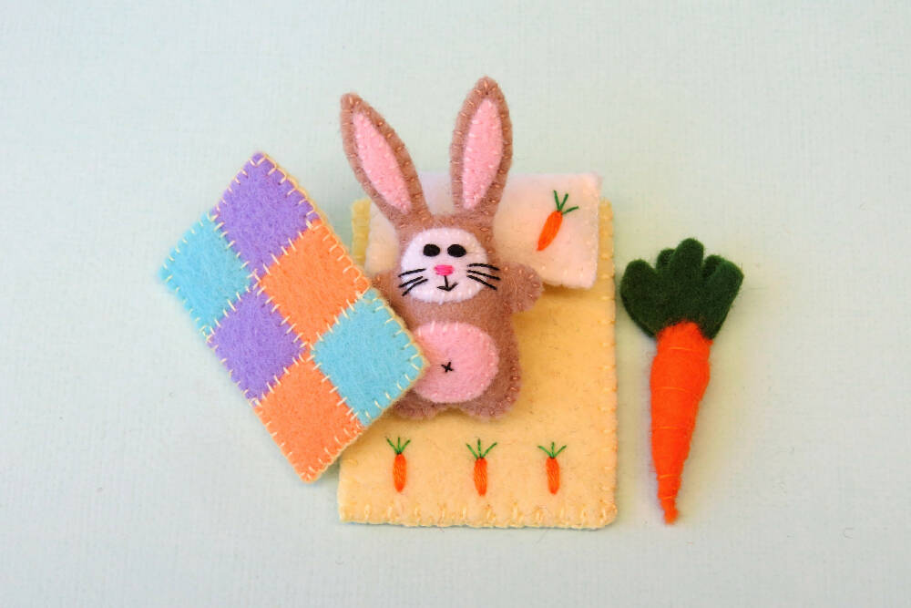 Miniature Felt Rabbit - Wool Felt Bunny Play Set - Tin Bed