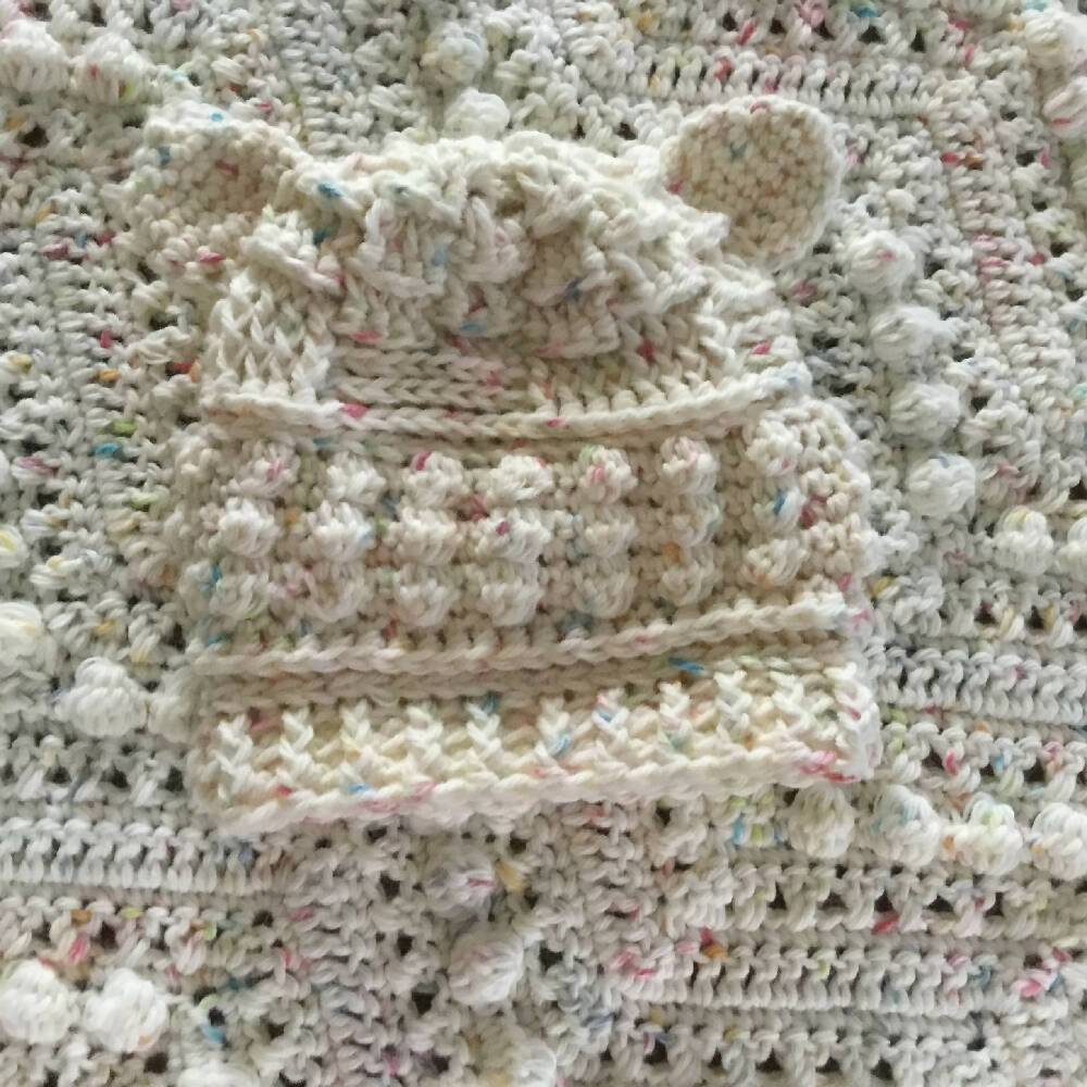 Crochet Baby Blanket and Bear Ears Beanie,