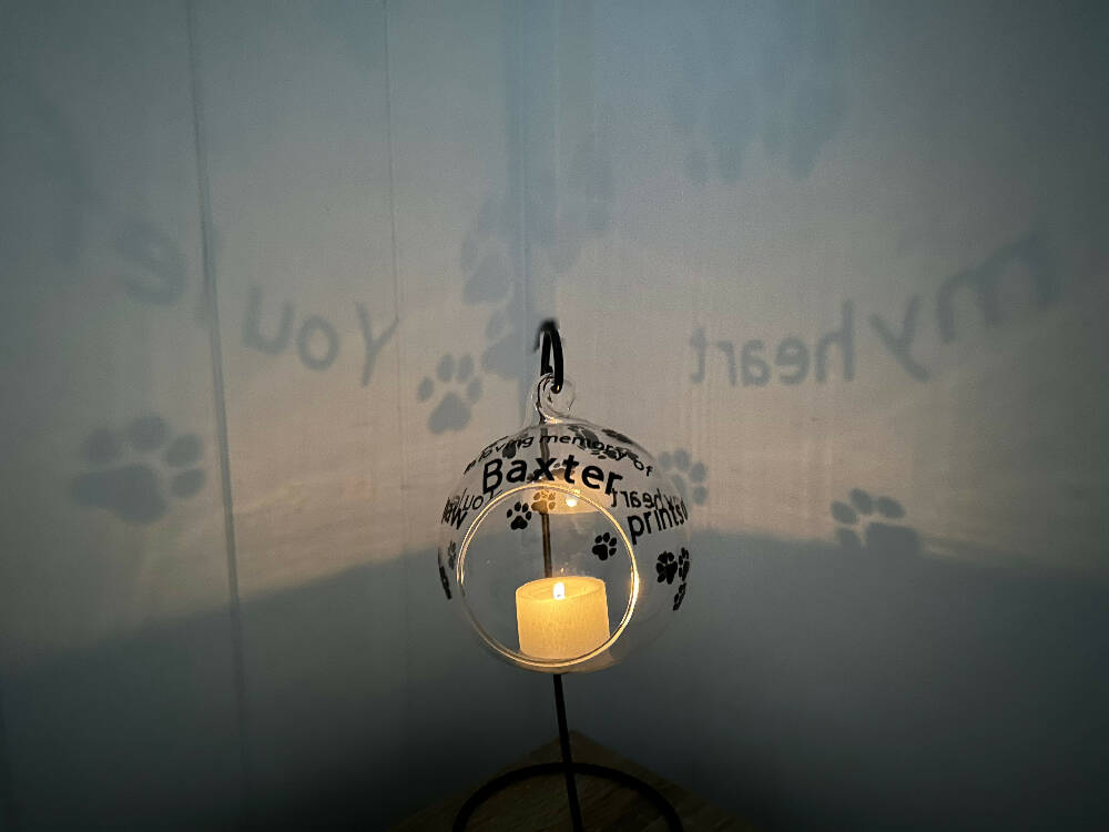 Personalised Pet Memorial Candle Holder Hanging Glass Votive On Metal Stand