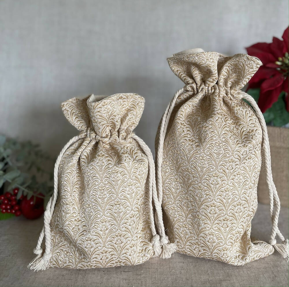 Christmas Reusable Fabric Gift Bag - Cream and Gold