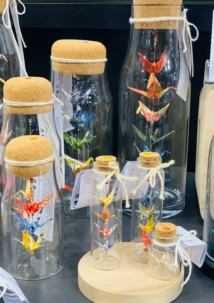 5 Origami cranes in a glass bottle - Large 21cms
