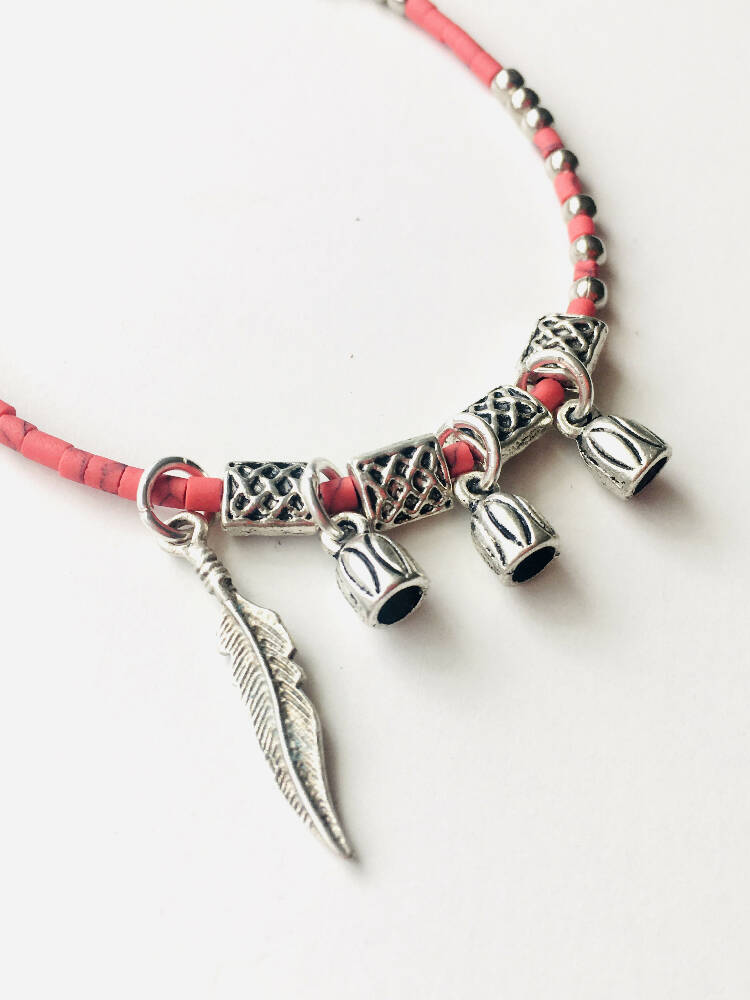 Red boho style feather necklace with red and silver beads