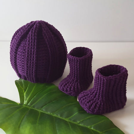 Beanie & Booties Set crochet baby 6-12 months purple