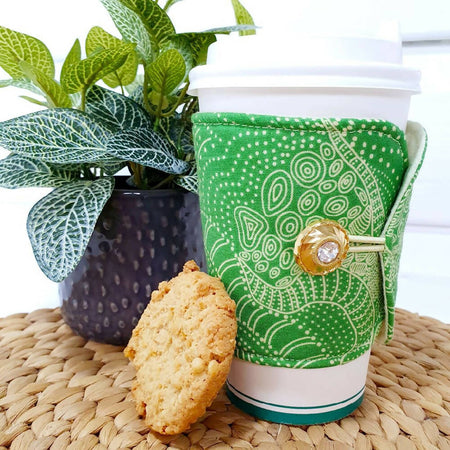 Coffee Cup Cozy/Sleeve - Green Aboriginal Print