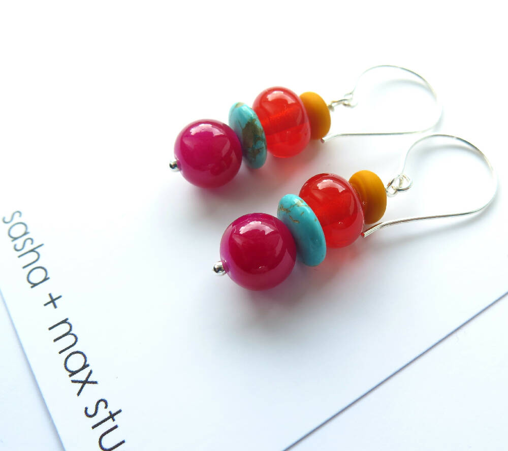Pink Sunset turquoise and glass beaded drop earrings
