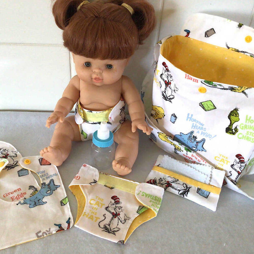 Nappy Bag and accessories for Baby Doll #3 suess yellow