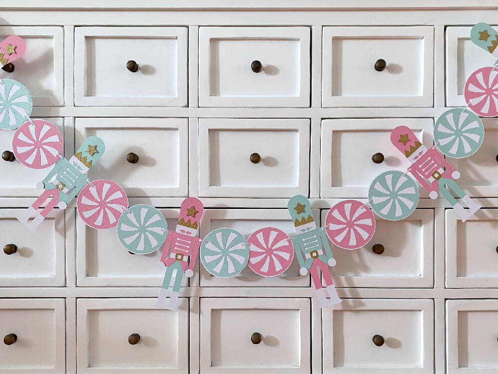 Pastel Christmas Nutcracker Garland. Peppermint candy & toy soldier banner.