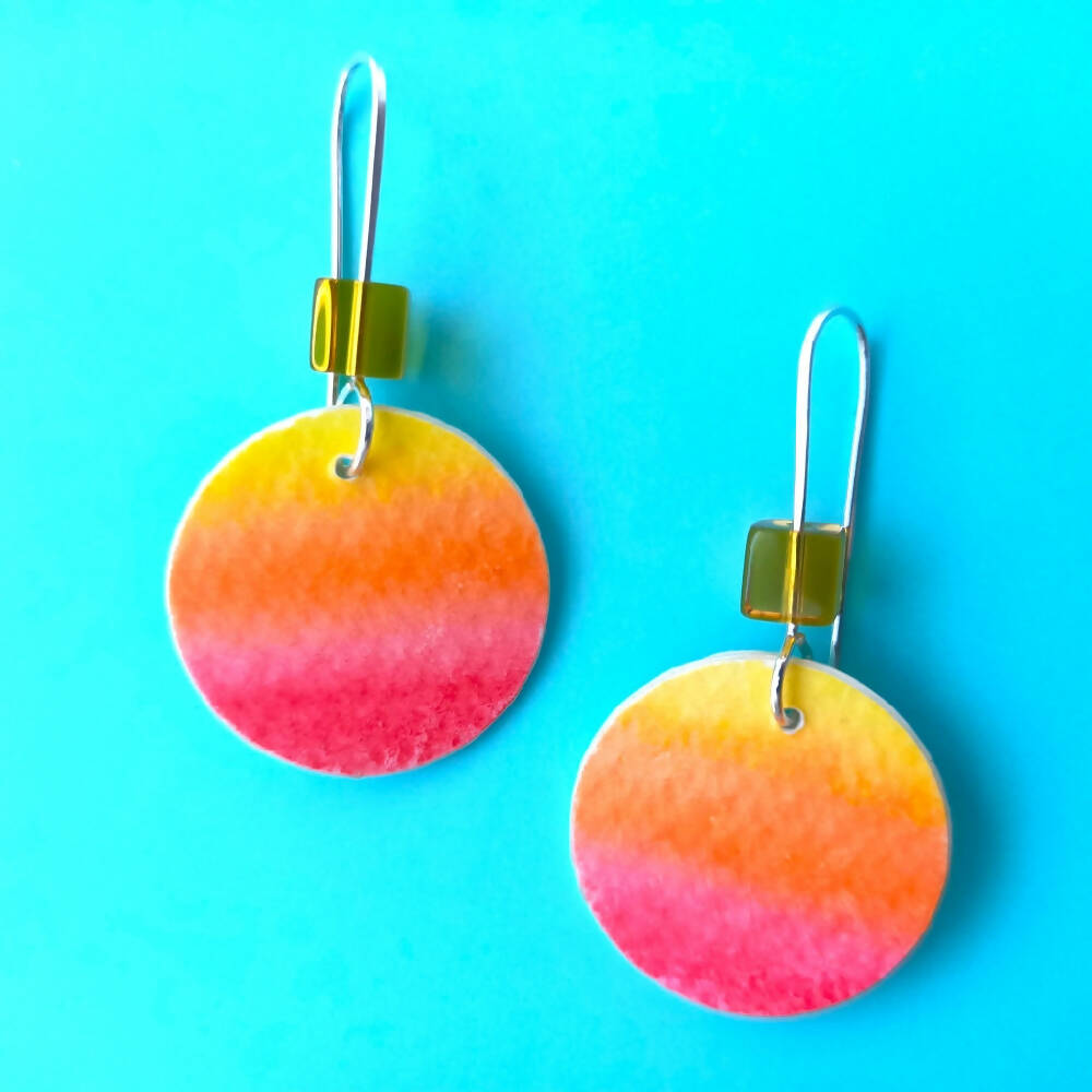 Hand Painted Watercolour Dangle Earrings - sterling silver - Red Sunset