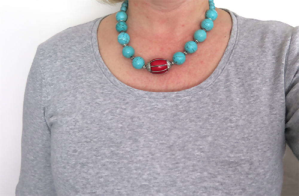 Frida chunky statement necklace turquoise, red and antique silver