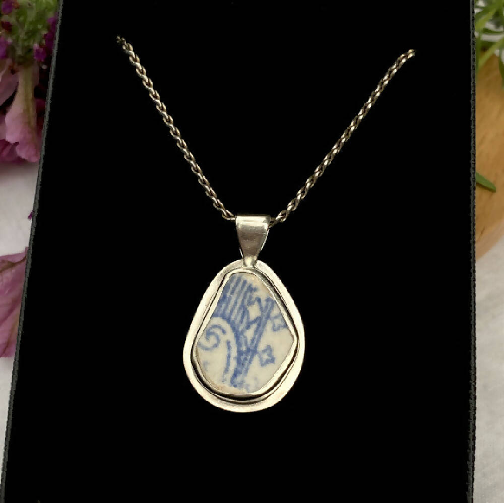 Sterling Silver Scottish Sea Pottery Pendant - Blue Stems - Reversible4
