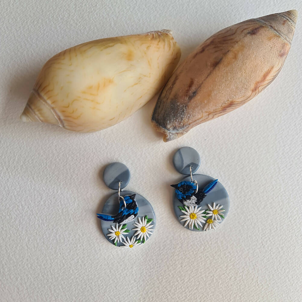 Blue Wrens in the Garden Dangle Earrings