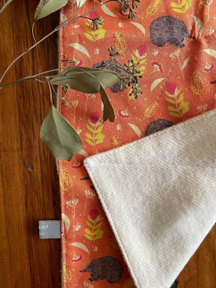 burp cloth - echidnas orange / organic cotton hemp fleece / baby toddler