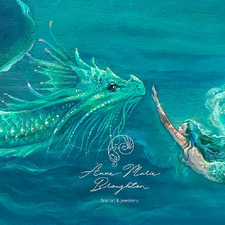 PRINT Water Dragon and Mermaid Underwater Art Painting - 8x10 inch